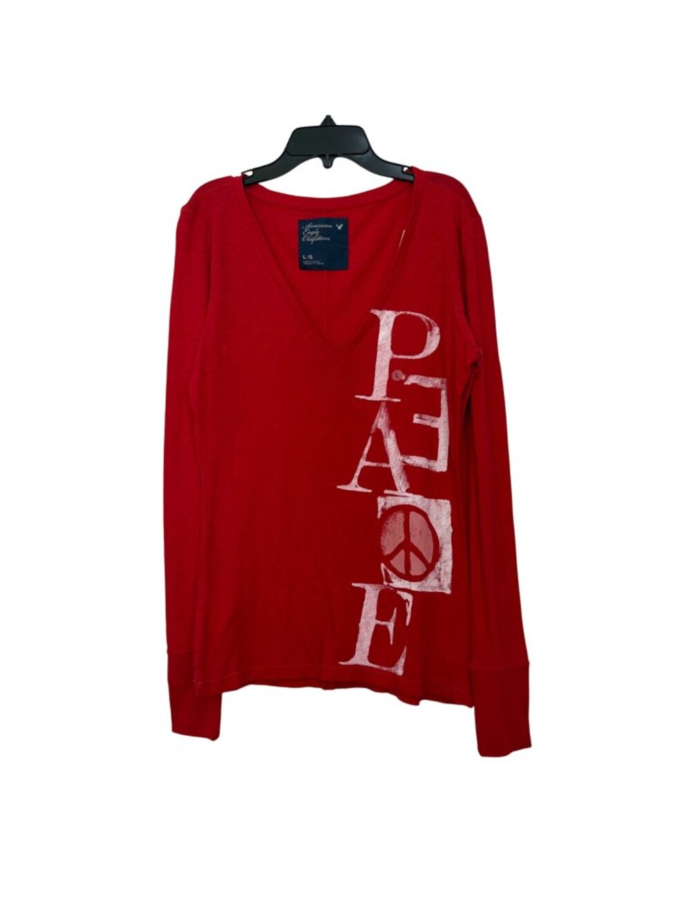 American Eagle Red V-Neck Long Sleeve Peace Graphic Tee Shirt Womens Size Large